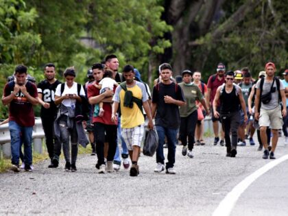 Venezuelan migrants walk to Tapachula from Huixtla, Chiapas state, Mexico, on October 14,