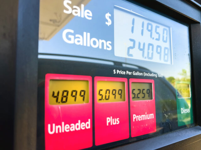 Gas Pump Price at Fuel Station During High inflation Three Different Prices Unleaded, Plus and Premium Gas Pump Prices at Fuel Station Pumping Machine Infrastructure
