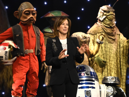 LONDON, ENGLAND - APRIL 07: Kathleen Kennedy onstage during the studio panel at Star Wars