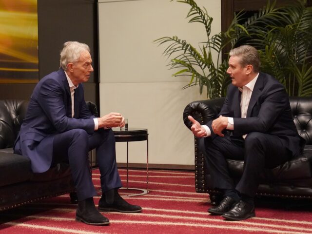 Tony Blair (left) speaks with Labour leader Sir Keir Starmer during the Tony Blair Institu