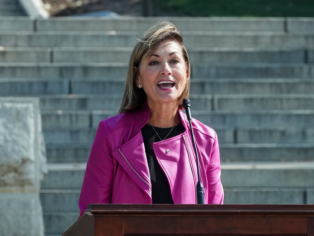DES MOINES, IOWA - OCTOBER 3: Iowa Governor, Kim Reynolds speaks at a NASCAR press confere