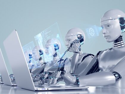 Abstract image of robots working in an office environment including creating blueprint of