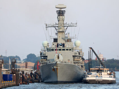 07 September 2024, Hamburg: The British frigate "HMS Iron Duke" (M) is moored at