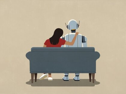 Affectionate woman with arm around AI robot on sofa - stock illustration (Malte Mueller/Ge