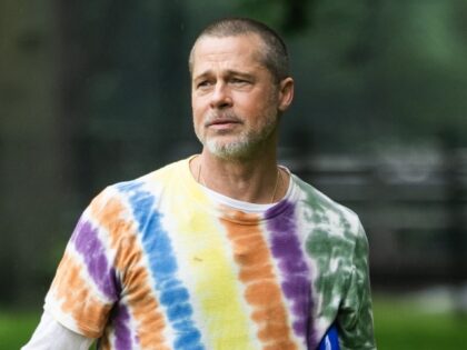 Brad Pitt is seen filming a segment for 'The Tonight Show' in Riverside Park on June 14, 2