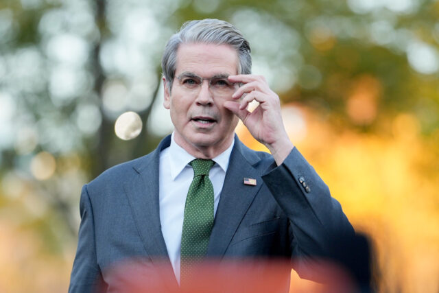 Scott Bessent, US treasury secretary, speaks to members of the media outside the White Hou