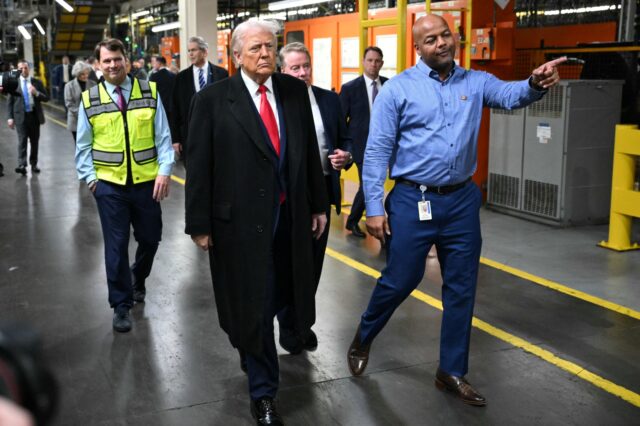 US President Donald Trump, alongside L/R Ford CEO Jim Farley, Treasury Secretary Scott Bes