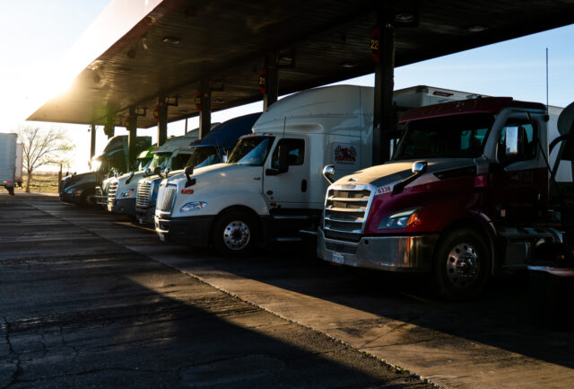 US Diesel Tops $5 A Gallon As War Disrupts Supply Chains Trucks refueling with diesel fuel at a Pilot gas station in Hesperia, California, US, on T