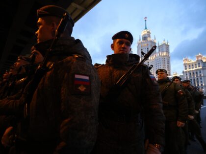 MOSCOW, RUSSIA - APRIL 29: Russian military officers and cadets gather to rehearse for the