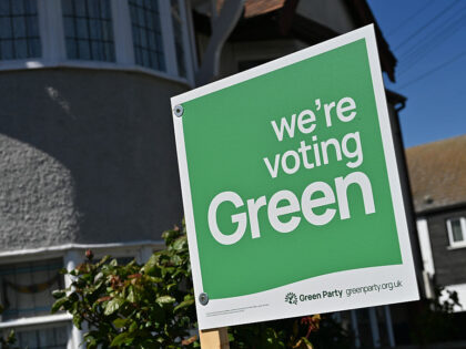 LEIGH ON SEA, ENGLAND - APRIL 29: A We're voting Green election board for the Green P