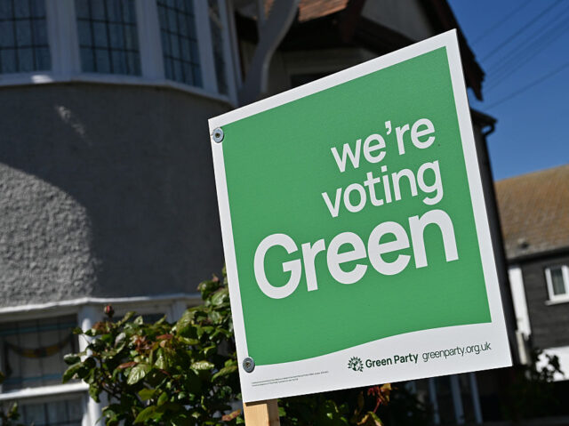 LEIGH ON SEA, ENGLAND - APRIL 29: A We're voting Green election board for the Green P