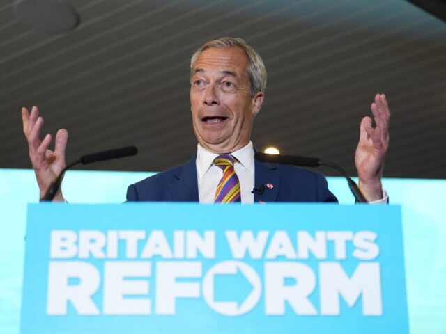 Reform UK leader Nigel Farage speaks to supporters at Chelmsford City Racecourse, Essex, f