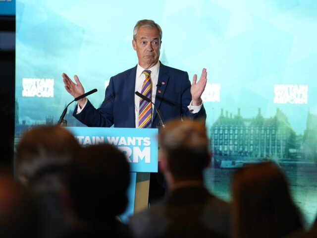 Reform UK leader Nigel Farage speaks to supporters at Chelmsford City Racecourse, Essex, f