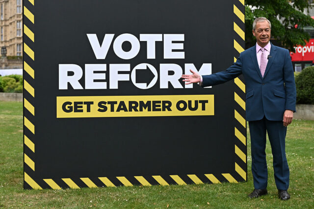 LONDON, ENGLAND - MAY 06: Reform UK leader Nigel Farage holds their final campaign event i