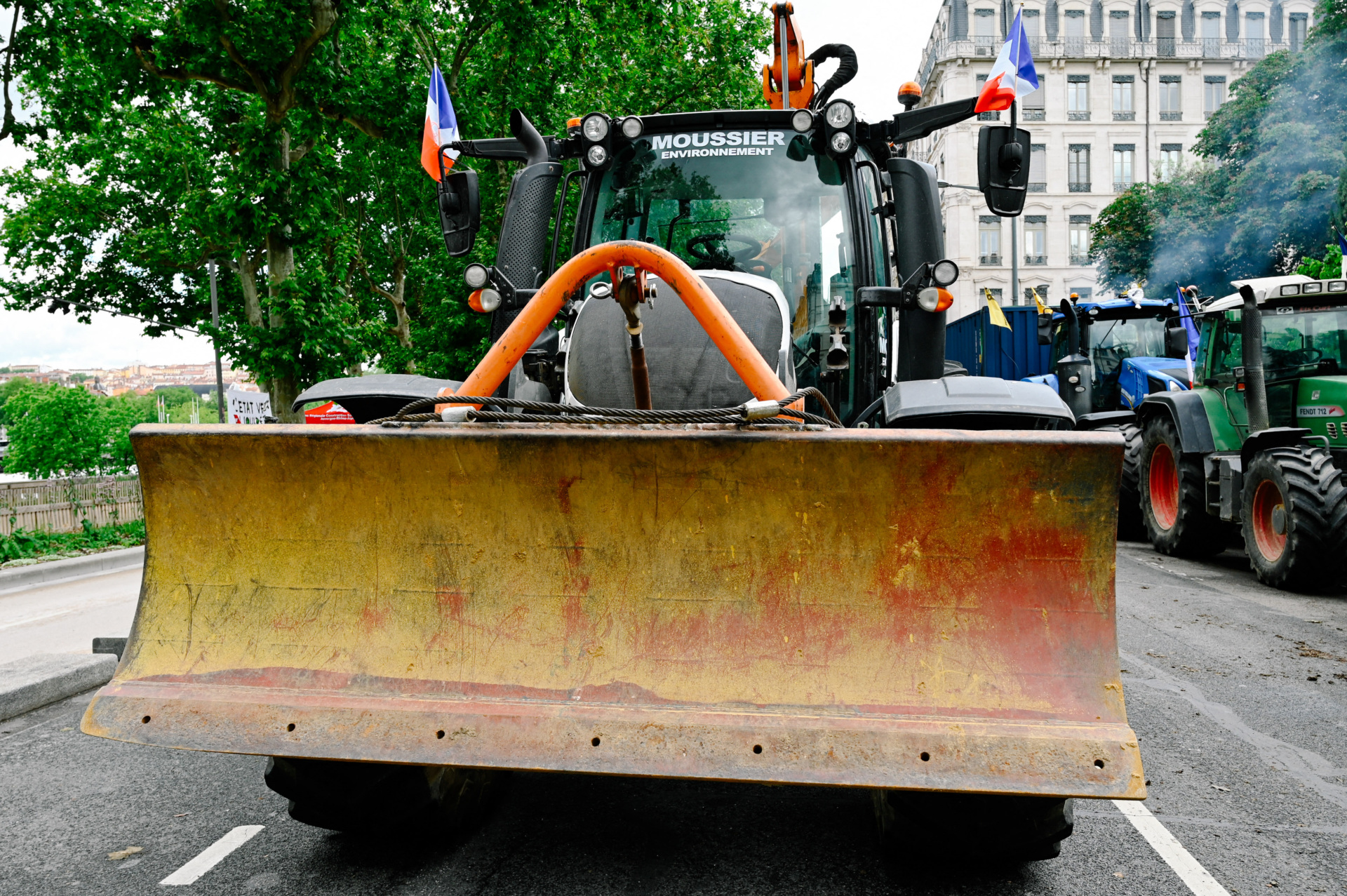 Several dozen tractors with French flags and Rural Coordination CR flags are parked on the roads during a Rural Coordination farmers rally against the rise in fuel prices outside the Rhone Prefecture in Lyon in France on May 11 2026. (Photo by Matthieu Delaty / Hans Lucas / AFP via Getty Images)