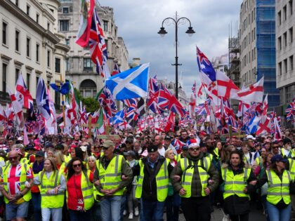 LONDON, ENGLAND - MAY 16: People take part in a Unite The Kingdom far right protest on May