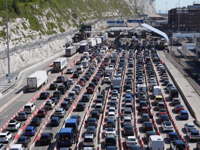 Traffic queuing for the Port of Dover in Kent. Roads to popular tourist destinations are e