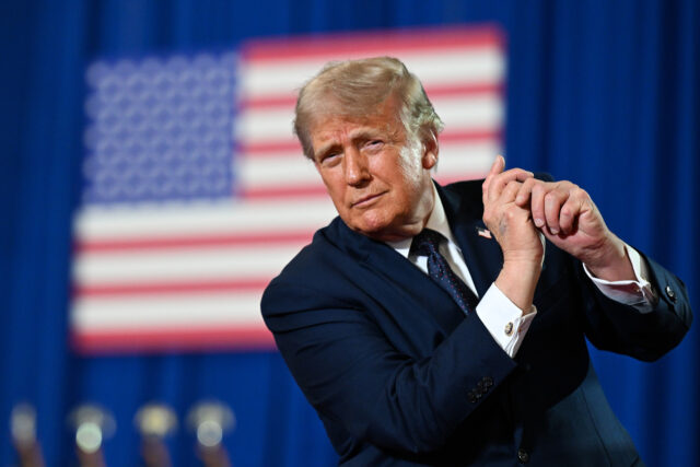 President Trump Campaigns With Congressman Mike Lawler In New York SUFFERN, NEW YORK - MAY 22: U.S. President Donald Trump dances on stage after delivering r