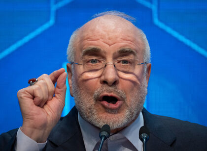 Iranian Parliament Speaker, Mohammad Bagher Ghalibaf, gestures while speaking with media i