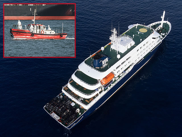 This aerial picture shows a general view of the cruise ship MV Hondius stationary off the