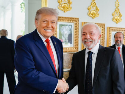 Brazilian President Luiz Inacio Lula da Silva (R) meets with U.S. President Donald Trump (