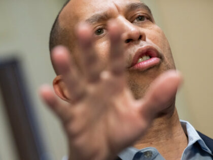 US House Minority Leader Hakeem Jeffries, Democrat from New York, speaks to reporters at t
