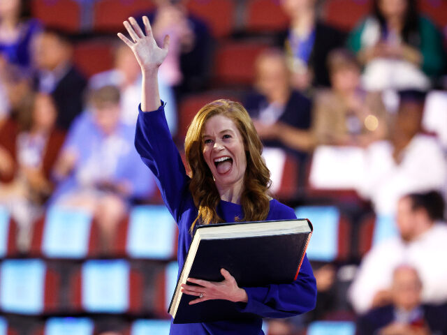 Michigan State Senator Mallory McMorrow waves onstage during the first day of the Democrat