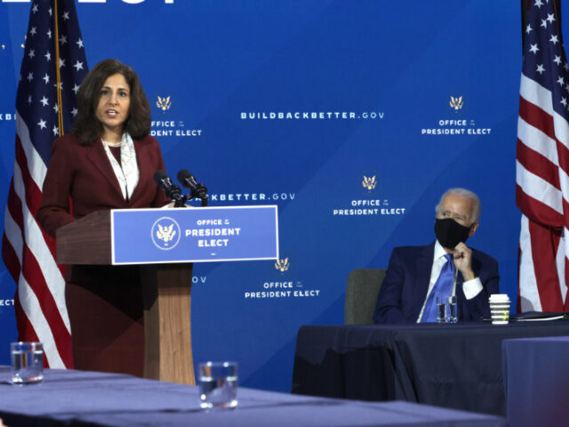 Director of the Office of Management and Budget nominee Neera Tanden (L) speaks as Preside