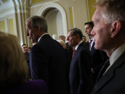 Senate Majority Leader John Thune (R-SD) (C), joined by fellow Republican leaders, speaks