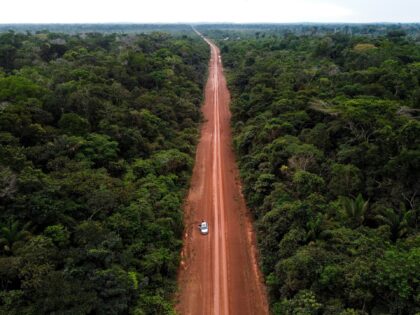 Aerial view of a preserved Amazonia rainforest area with the federal highway BR-230, popul