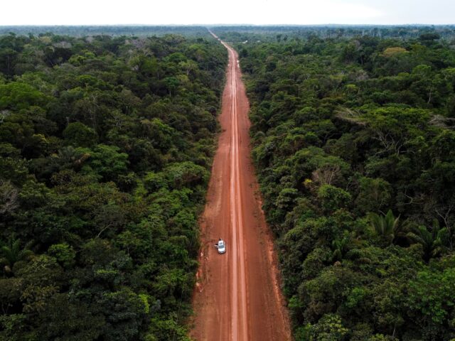 Aerial view of a preserved Amazonia rainforest area with the federal highway BR-230, popul