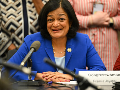 Representative Pramila Jayapal, a Democrat from Washington, speaks during a roundtable on