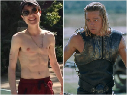 Brad Pitt on the set of Wolfgang Petersen's movie "Troy". (Photo by Murray