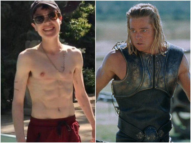 Brad Pitt on the set of Wolfgang Petersen's movie "Troy". (Photo by Murray