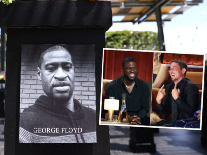 SAN DIEGO, CALIFORNIA - JULY 20: A photograph of George Floyd (C) is displayed along with