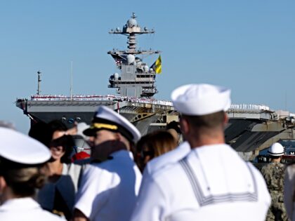 NORFOLK, VIRGINIA - MAY 16: Aircraft carrier USS Gerald R. Ford arrives at Naval Station N