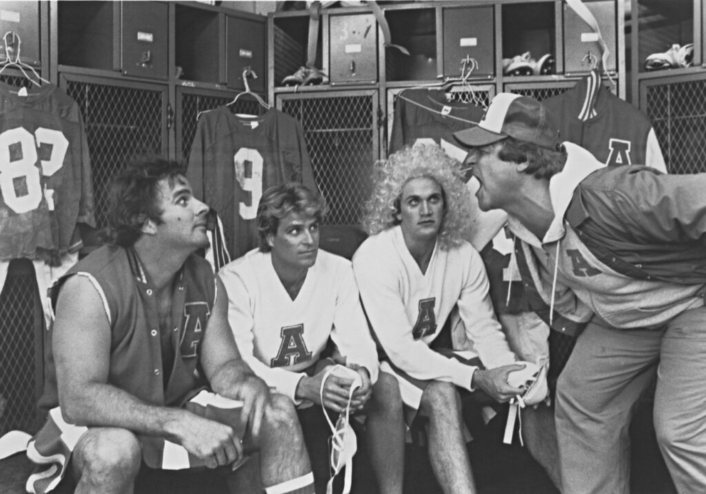 From left to right, Donald Gibb, Ted McGinley and Matt Salinger face the scorn of their coach, played by John Goodman, in the film 'Revenge of the Nerds'. (Photo by Michael Ochs Archives/Getty Images)