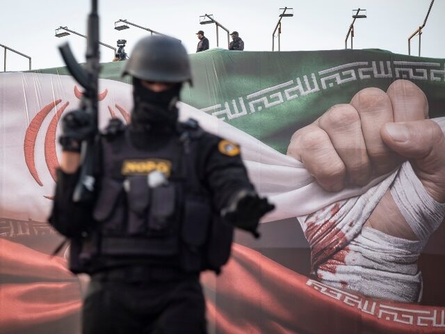 Armed members of Iran's police special forces monitor an area while standing on an ar