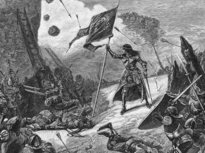 Roman Catholic saint, Joan of Arc (1412 - 1431) in battle at the Siege of Orléans, France