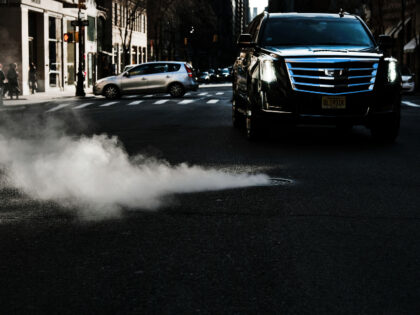 Cars pause in traffic on a busy Manhattan street on February 27, 2019 in New York City. In