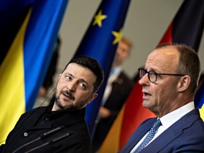 German Chancellor Friedrich Merz and Ukrainian President Volodymyr Zelensky attend a press