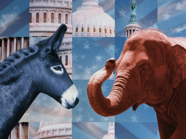 Democrats represented by donkey, Repulicans by elephant. US Capitol building, Washington D