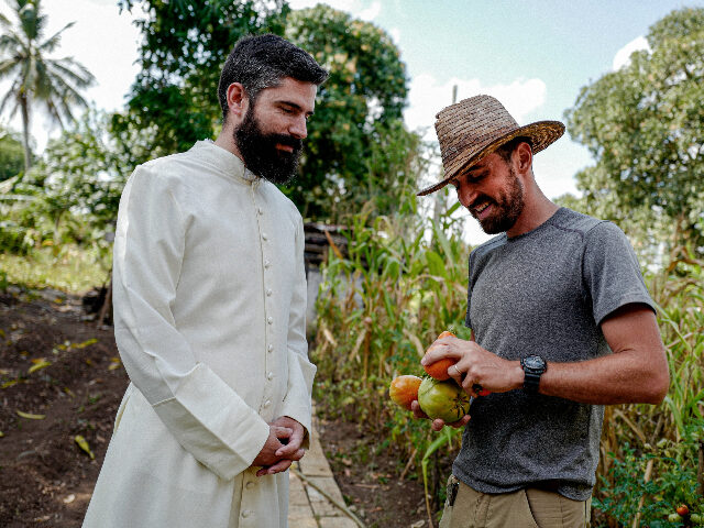 French priest Regis Maurel (L) looks at tomatoes grown at the Church's farm that his