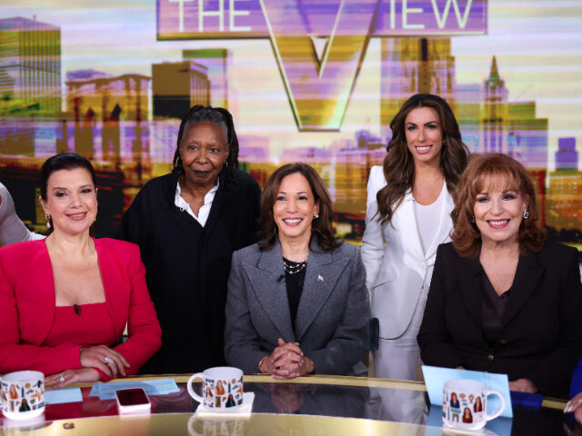 US Vice President and Democratic presidential nominee Kamala Harris (C) is pictured in stu