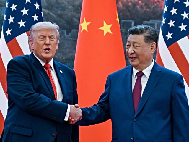 US President Donald Trump (R) shakes hands with China's President Xi Jinping at the Great