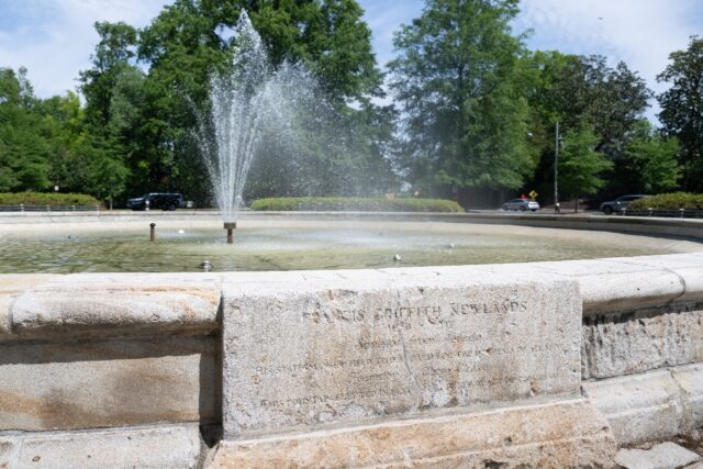 An interpretive sign about a white supremacist senator to whom a fountain in Washington is