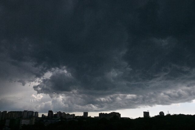Clouds gathered during a thunderstorm over Kyiv on May 22, 2026