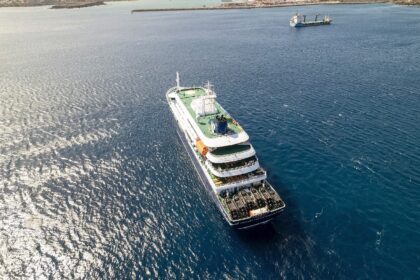 The cruise ship MV Hondius is anchored off the port of Praia, the capital of Cape Verde