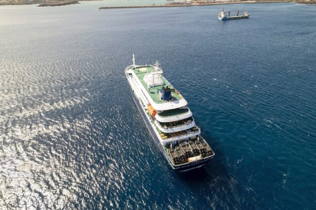 The cruise ship MV Hondius is anchored off the port of Praia, the capital of Cape Verde