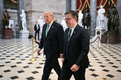 Donald Trump (L) is guided by House Speaker Mike Johnson through Congress, which is narrow